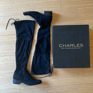 Over The Knee Tall Boots Charles David Gunter MicroSuede Black Stretch Slouch